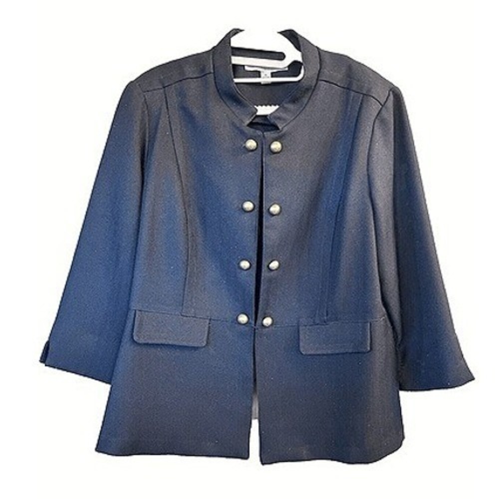 Madison‎ Leigh Navy Blue Herringbone Military Blazer Gold Buttons Plus Size 18